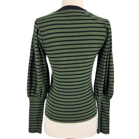 SALE DKNY Jeans Green Black Stripe Mutton Sleeve Pullover Knit Top Sweater Small - Picture 5 of 6
